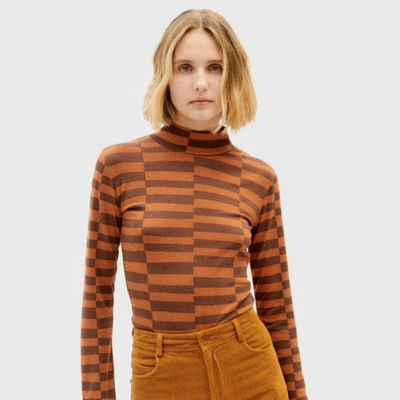 Thinking Mu - Organic Cotton Turtleneck - Orange/Brown - Striped/Checker - XS - Picture 1 of 3